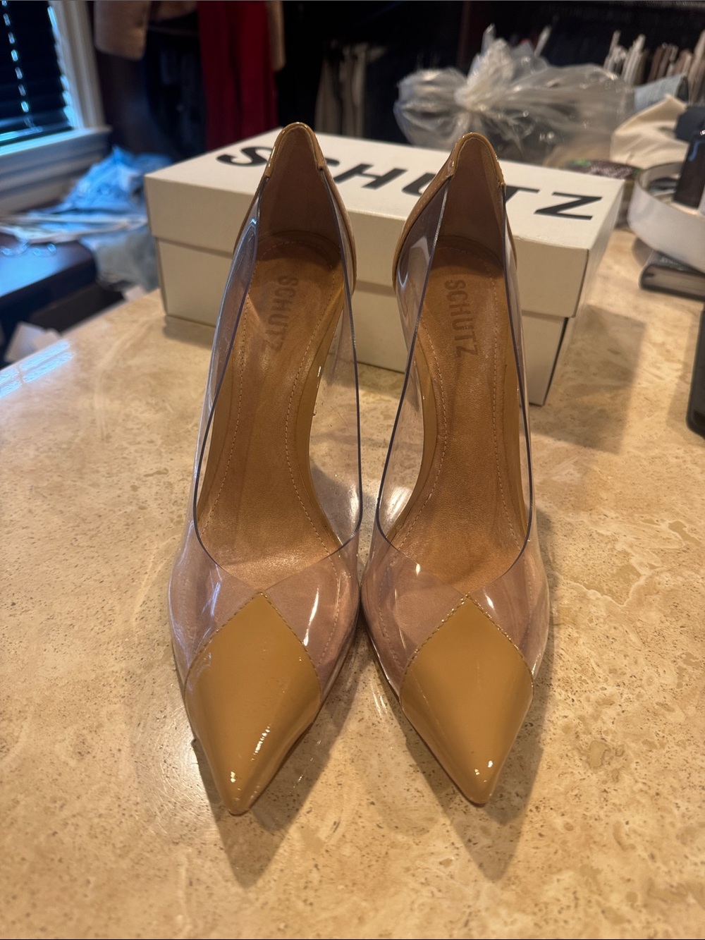 SCHUTZ Nude Tan Patent Pointed Toe Pumps with Clear Panels